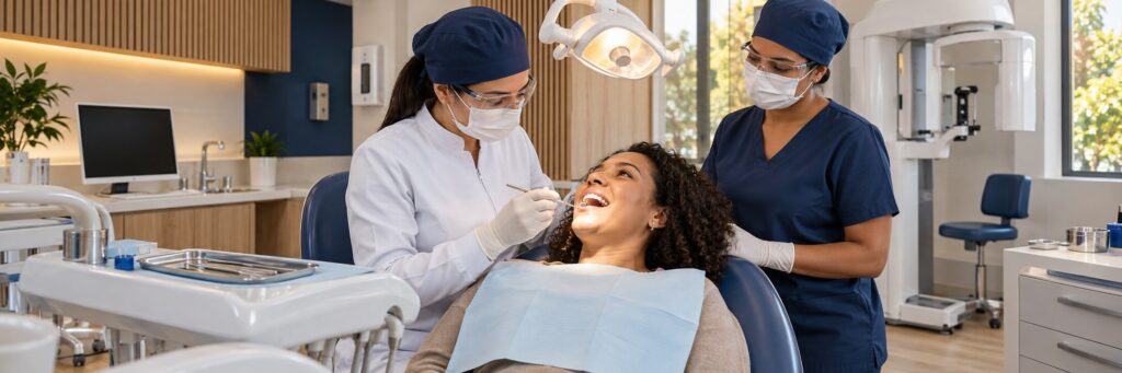 Dentista e auxiliar realizando avaliação odontológica em consultório acolhedor