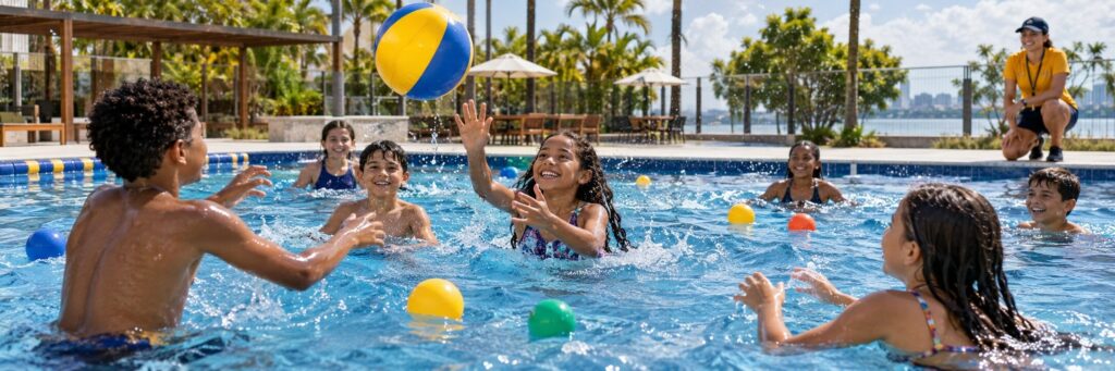 Crianças participando de recreação aquática supervisionada na piscina